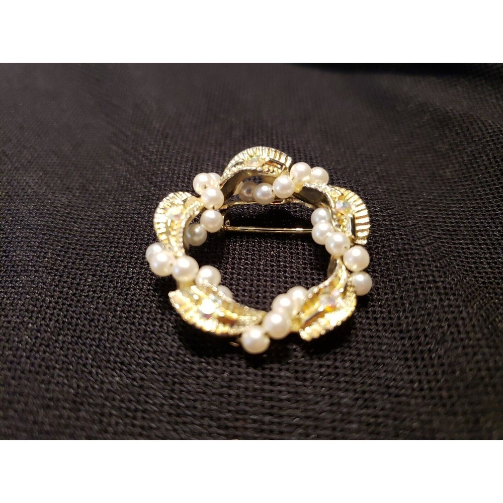 Gold Tone Beaded Brooch Iridescent Crystal Rhinestones Jewelry Costume
